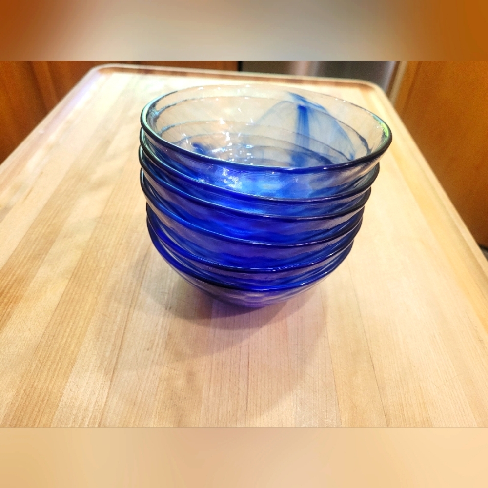 Set of 6 Marbled Blue Glass Salad Dessert Bowls NWOT
